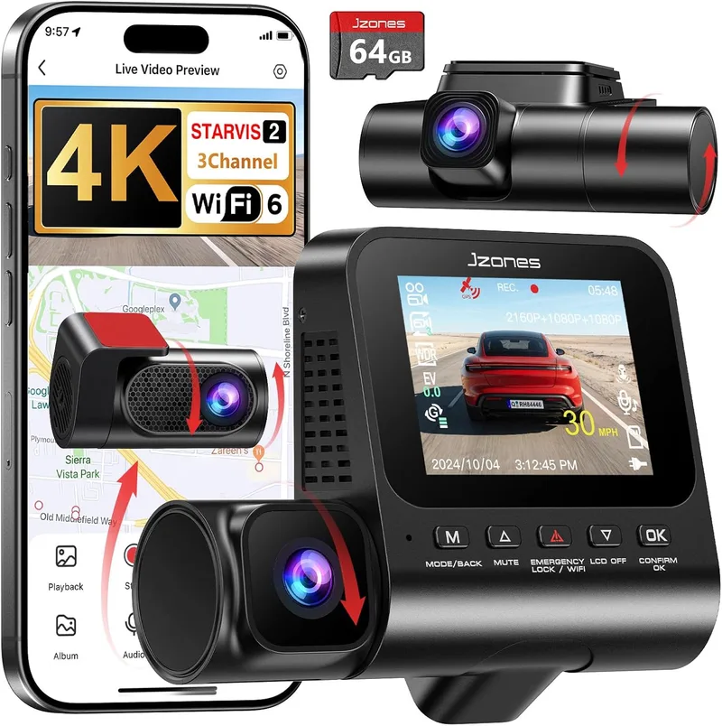 Jzones ▫️ Câmara de bordo de 3 canais com STARVIS 2 e HDR - Câmara de bordo frontal 4K, câmara de vigilância interior e traseira do automóvel 1080p, Wi-Fi 6, GPS, sensor G, vigilância de estacionamento 24 horas por dia, cartão de 64 GB