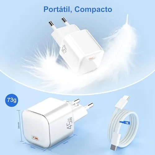 YISH ▫️ Carregador USB-C com carregamento rápido de 45 W: GAN PD 3.0, tomada USB-C, carregador compacto de carregamento rápido tipo C para smartphones e tablets, com cabo tipo C a C de 60 W 6