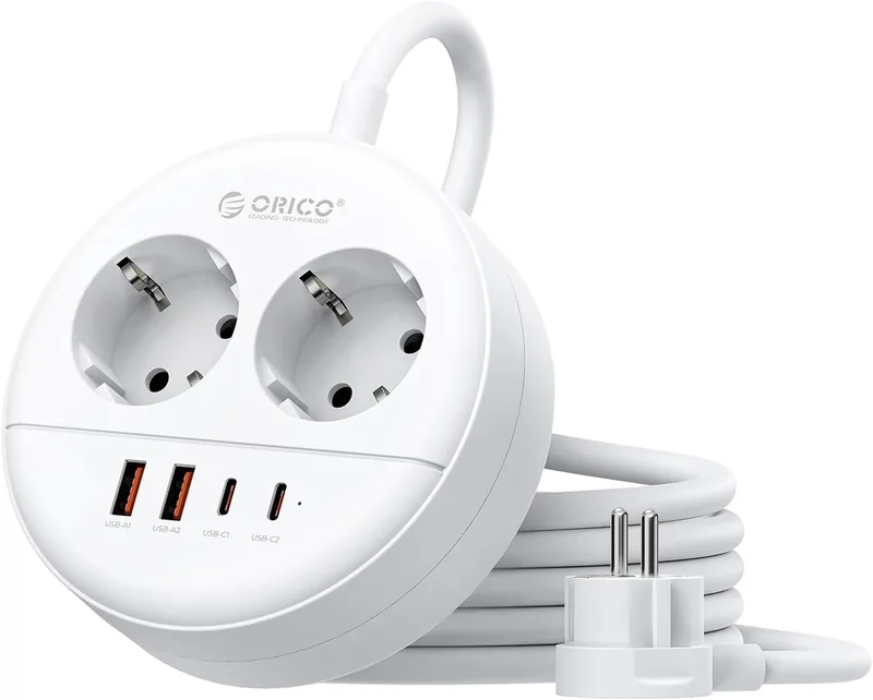 ORICO ▫️ Extensão redonda, 2 tomadas CA, 2 USB-A, 2 USB-C de 20 W, 1,5 m | Montagem na parede (parafusos incluídos), resistente ao fogo e economiza espaço. Design moderno para o escritório e para casa. Branco OSP