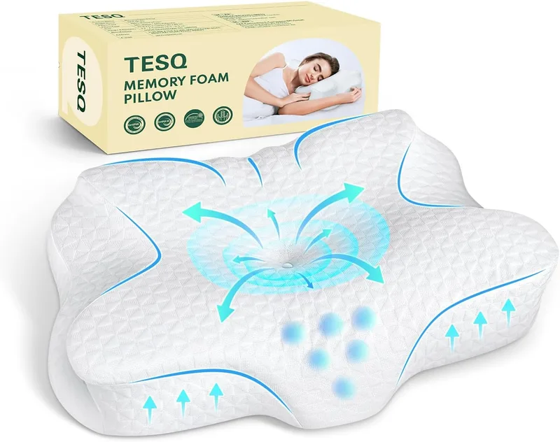 TESQ ▫️ Almofada Cervical Ergonómica 2 em 1 | Espuma com Memória, Altura Ajustável, Para Dormir de Lado e de Costas, Capa Lavável em Nylon e Poliéster, 60 x 40 x 9 cm