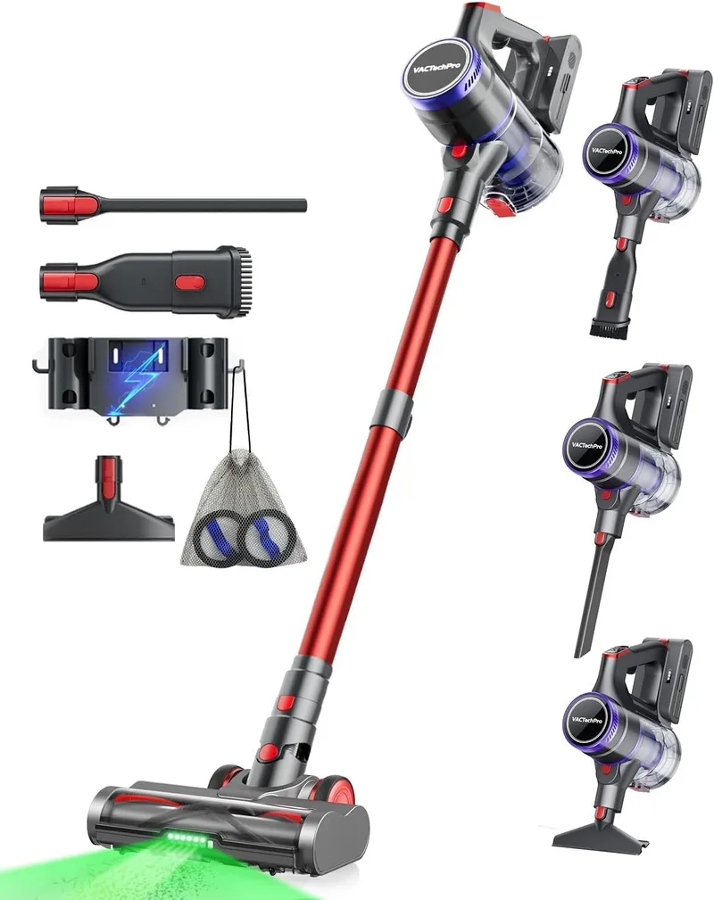 VACTechPro ▫️ Aspirador sem fio, Aspirador com escova sem fio, Roxo e Vermelho | 55 kPa/600 W/70 min Aspirador vertical, 1,6 L Aspirador sem fio com filtragem de 8 camadas, Aspirador com escova anti-emaranhamento