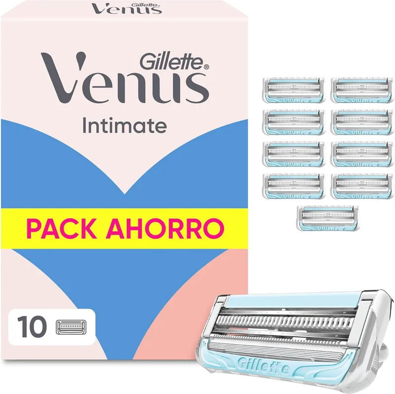 Gillette Venus ▫️ Lâminas de barbear para mulheres para a zona íntima, embalagem de 10 | Lâminas de substituição originais, depilação dos pêlos púbicos sem irritação, adequadas para áreas sensíveis