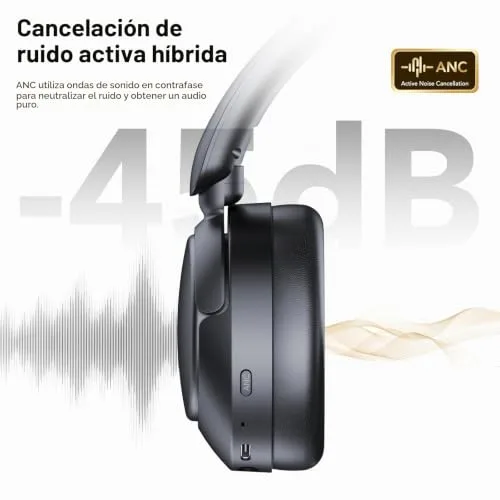TIMU ▫️ Auscultadores sem fios Bluetooth 5.4, assistente de voz, 3 modos de equalização, redução de ruído híbrida ativa, auscultadores sem fios estéreo Hi-Fi com aros e microfone, 120 horas de reprodução com iOS e Android, preto 2