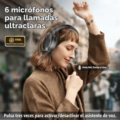 TIMU ▫️ Auscultadores sem fios Bluetooth 5.4, assistente de voz, 3 modos de equalização, redução de ruído híbrida ativa, auscultadores sem fios estéreo Hi-Fi com aros e microfone, 120 horas de reprodução com iOS e Android, preto 5