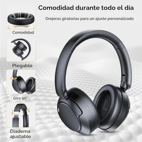 TIMU ▫️ Auscultadores sem fios Bluetooth 5.4, assistente de voz, 3 modos de equalização, redução de ruído híbrida ativa, auscultadores sem fios estéreo Hi-Fi com aros e microfone, 120 horas de reprodução com iOS e Android, preto 6