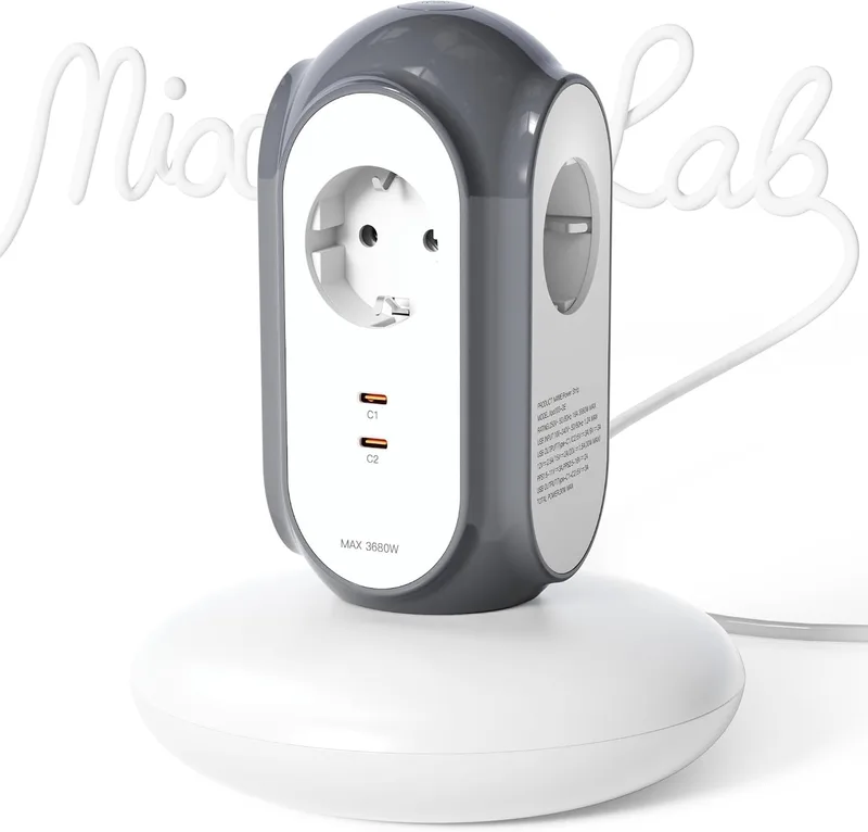 MiaoLab ▫️ Extensão em Torre com 3 Tomadas CA e 2 USB-C (Carregamento Rápido 30 W), 3680 W/16 A, Proteção contra sobretensão 1420 J, cabo de extensão de 2 m, proteção contra sobretensão (cinza basalto)