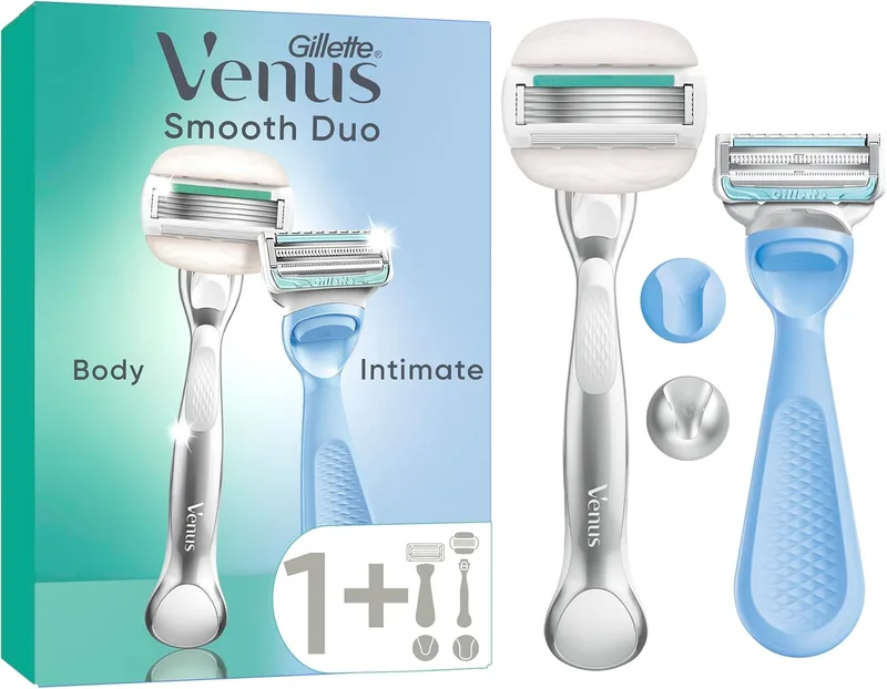 Gillette Venus ▫️ Body + Intimate Women's 2-Pack de lâminas de barbear para o corpo e zonas íntimas, cabos + 2 recargas, depilação dos pêlos púbicos sem irritação.