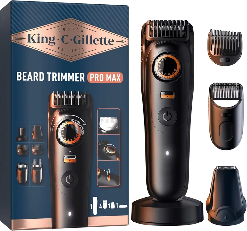 King C. Gillette ▫️ King C. Aparador de barba para homem Gillette PRO MAX, aparador de pêlos 4 em 1 com 40 comprimentos, 6 acessórios, carregador e estojo, aparador de pêlos sem fios com lâmina afiada para toda a vida