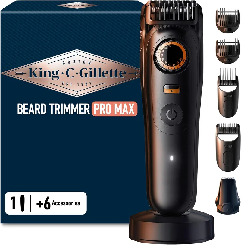 King C. Gillette ▫️ Máquina de Barbear para Homem Pro Max com 6 Acessórios | Máquina de cortar cabelo 4 em 1 com 40 comprimentos, 4 pentes, carregador, estojo, máquina de cortar cabelo sem fios com lâmina afiada para toda a vida
