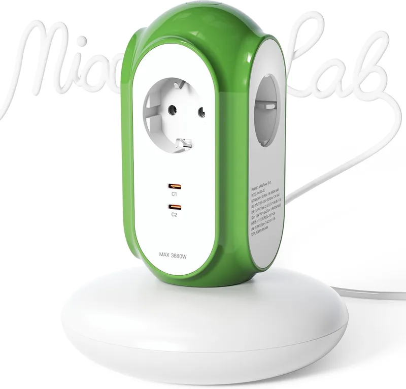 MiaoLab ▫️ Extensão em Torre com 3 Tomadas CA e 2 USB-C (Carregamento Rápido 30 W), 3680 W/16 A, Proteção contra sobretensão 1420 J, cabo de extensão de 2 m, proteção contra sobretensão (verde Normandia)