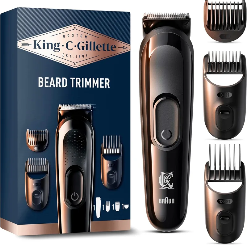 King C. Gillette ▫️ Aparador de barba para homem, aparador de cabelo 3 em 1 com 5 pentes laváveis, escova de limpeza, estojo e carregador, máquina de cortar cabelo sem fios com lâmina afiada para toda a vida