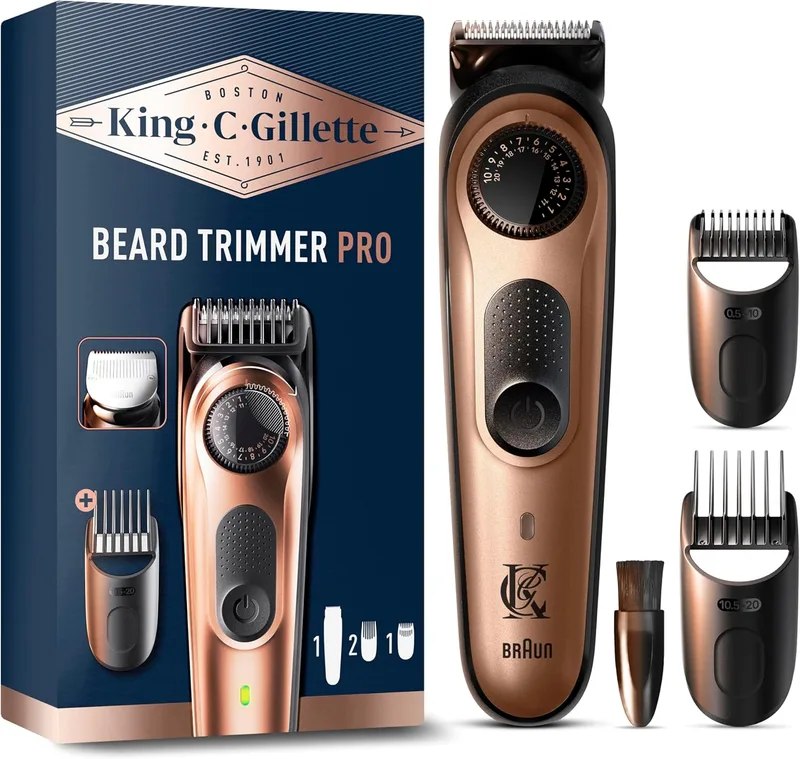 King C. Gillette ▫️ Men's Beard Trimmer PRO, aparador de pêlos 4 em 1 com 40 comprimentos, 6 acessórios, carregador e estojo, máquina de cortar pêlos sem fios com lâmina afiada de longa duração