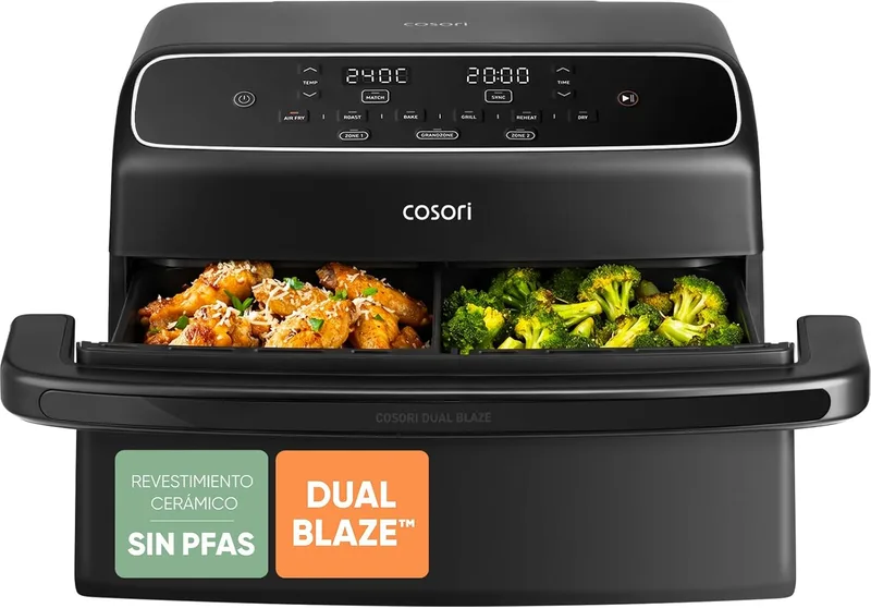 Cosori ▫️ Fritadeira de ar quente Dual Blaze Twinfry Compact 8,6 litros, com dupla resistência, revestimento cerâmico sem PFAS, fritadeira de ar quente grande com cesto duplo e divisória, multicozinhador 6 em 1, 2700 W