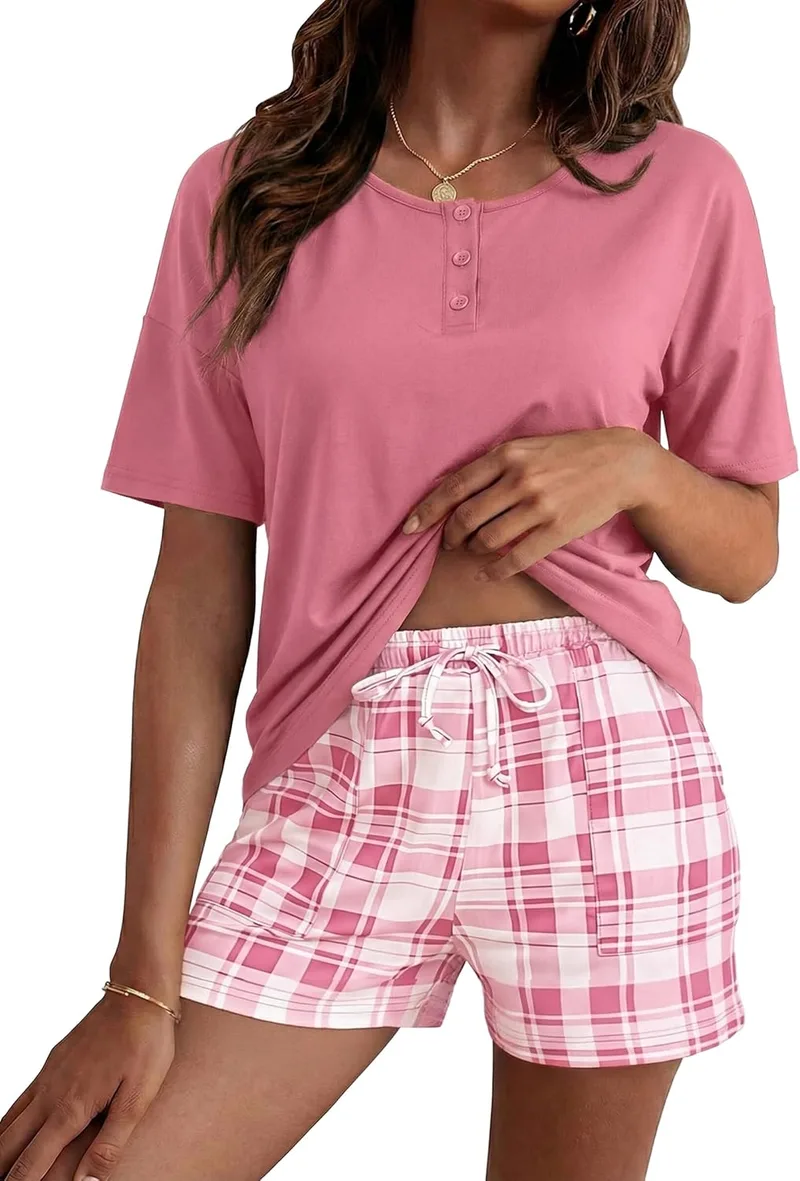 Bresdk ▫️ Pijama curto de verão para mulher com camisola de manga curta e calções axadrezados Roupa de dormir e roupa interior em algodão