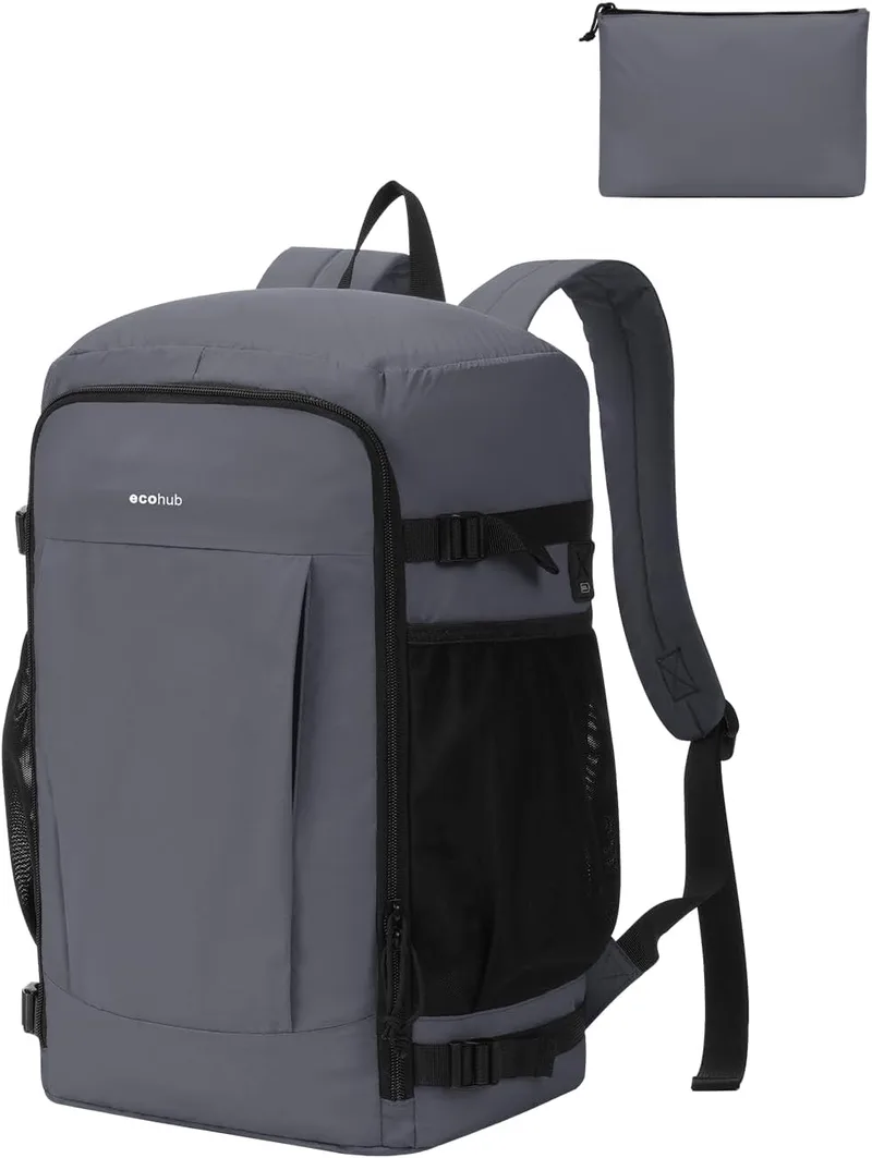 ECOHUB ▫️ Mochila de cabine 40x30x20, 2 em 1, dobrável e resistente, com bolsa integrada | Fecho SBS e costuras reforçadas para maior resistência, bolso antirroubo seguro, design que facilita a sua viagem, cinzento
