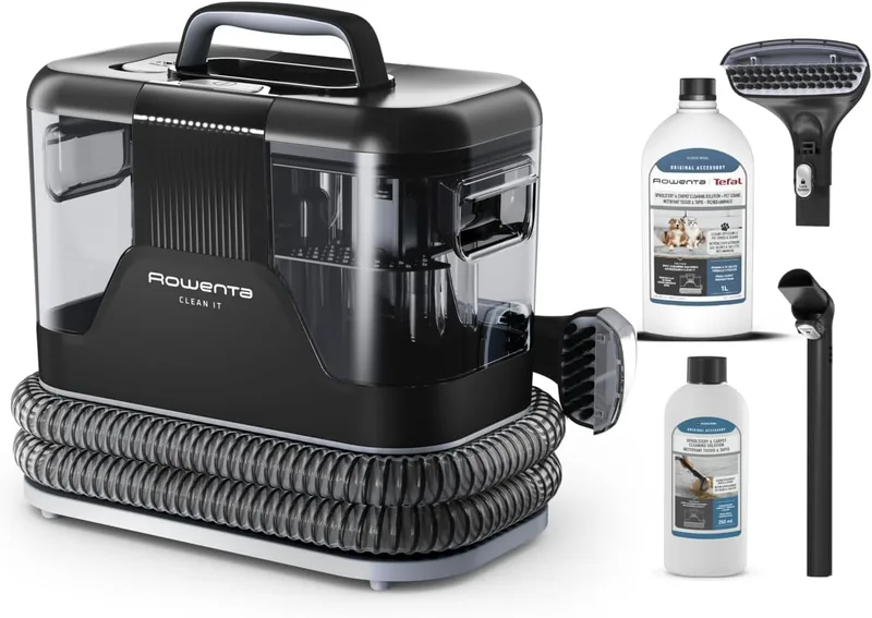 Rowenta ▫️ Clean It, aspirador para estofos + 2 garrafas de limpeza (250ml para estofos + 1L para animais de estimação), Limpeza rápida de derrames e manchas, 400 Watt de potência, Compacto e portátil, IN5014OM