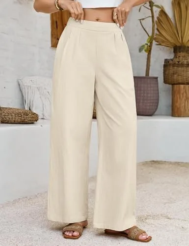PASUDA ▫️ Calças de Verão para Mulher em Algodão, com Cintura Elástica, Calças Casuais, de Cor Sólida, Largas, Confortáveis, Soltas, para a Praia, com Bolsos 2