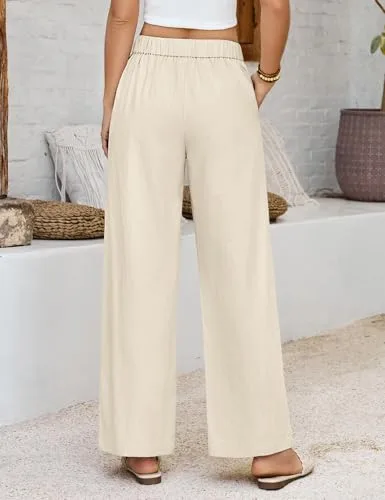 PASUDA ▫️ Calças de Verão para Mulher em Algodão, com Cintura Elástica, Calças Casuais, de Cor Sólida, Largas, Confortáveis, Soltas, para a Praia, com Bolsos 3