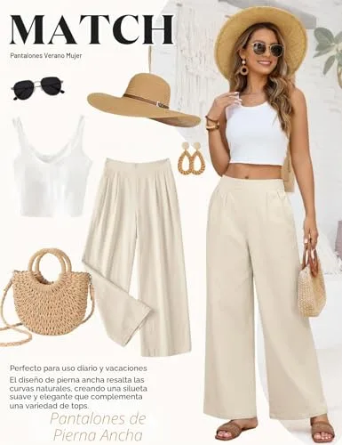 PASUDA ▫️ Calças de Verão para Mulher em Algodão, com Cintura Elástica, Calças Casuais, de Cor Sólida, Largas, Confortáveis, Soltas, para a Praia, com Bolsos 6