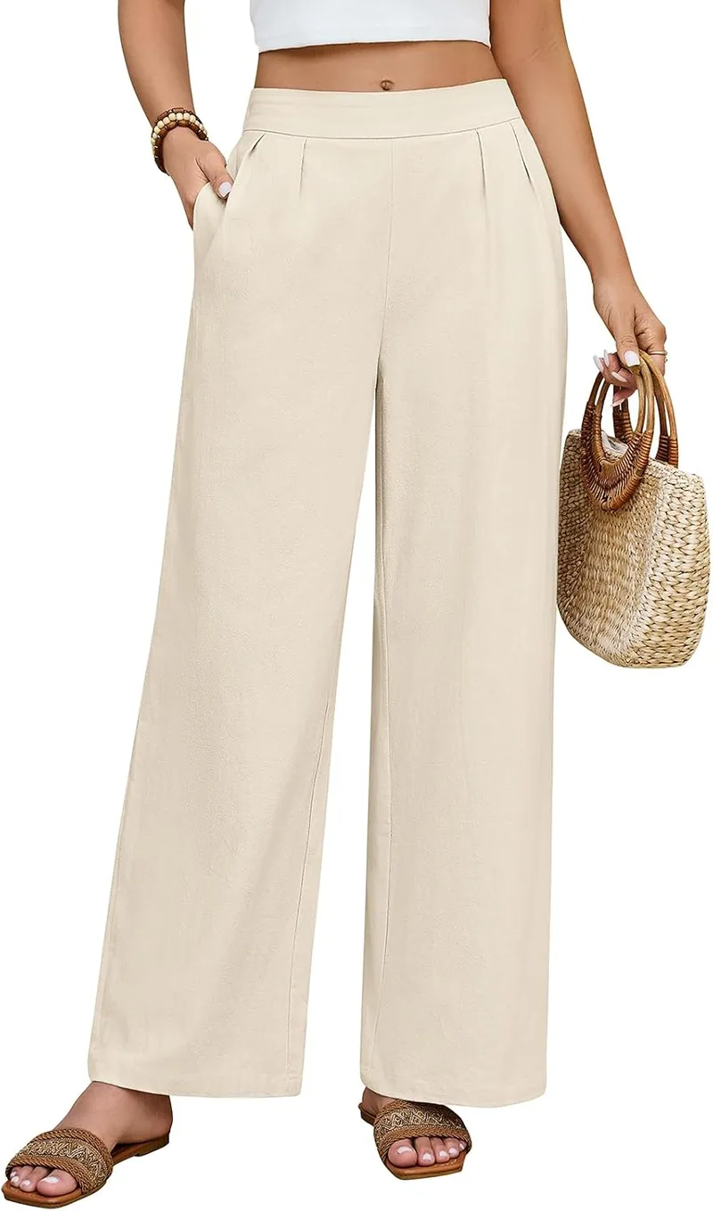 PASUDA ▫️ Calças de Verão para Mulher em Algodão, com Cintura Elástica, Calças Casuais, de Cor Sólida, Largas, Confortáveis, Soltas, para a Praia, com Bolsos