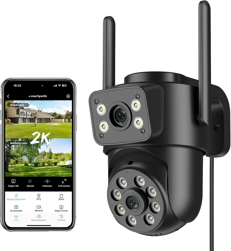 Reobiux ▫️ 2K – Câmara de vigilância Wi-Fi para exterior com lente dupla, câmaras de vigilância doméstica de 2,4 GHz/5 GHz com visão noturna a cores, acompanhamento automático, áudio bidirecional e gravação contínua 24 horas por dia, 7 dias por semana