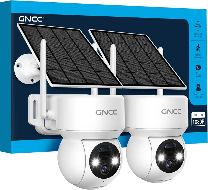 GNCC ▫️ 2PCS Solar Outdoor WiFi Surveillance Camera with Wireless Battery, 1080p/2MP, 360° PTZ Solar Outdoor Surveillance Camera, Colour Night Vision, Human Detection AI&PIR Siren, Two-way Audio