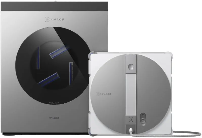 ECOVACS ▫️ Robô limpador de vidros WINBOT W3 OMNI com estação multifunções, autolavagem do esfregão, limpeza inteligente de bordas, pulverizador triplo, controlo através da aplicação e proteção em 12 fases