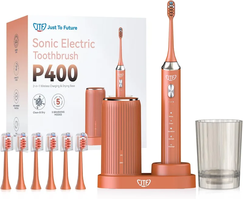 JTF ▫️ Escova de dentes elétrica sónica TF com limpeza e secagem por UV, base de carregamento sem fios, 5 modos de limpeza, 6 cabeças de substituição, copo incluído e resistência à água IPX7 (laranja)