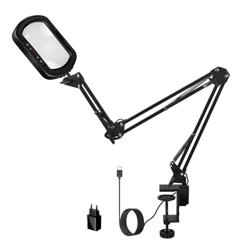 SAVSOO ▫️ Lupa de 3 braços com luz para fabricantes e amadores – Lente quadrada de vidro, lâmpada de lupa regulável, detalhes nítidos sem distorção, grande distância de trabalho para soldadura precisa 2