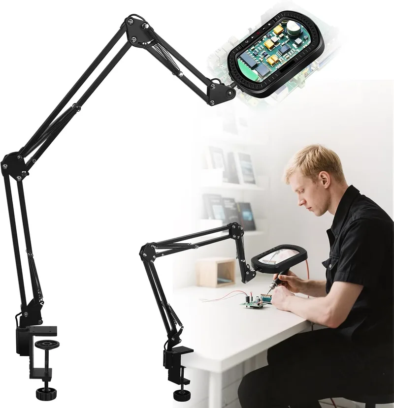 SAVSOO ▫️ Lupa de 3 braços com luz para fabricantes e amadores – Lente quadrada de vidro, lâmpada de lupa regulável, detalhes nítidos sem distorção, grande distância de trabalho para soldadura precisa