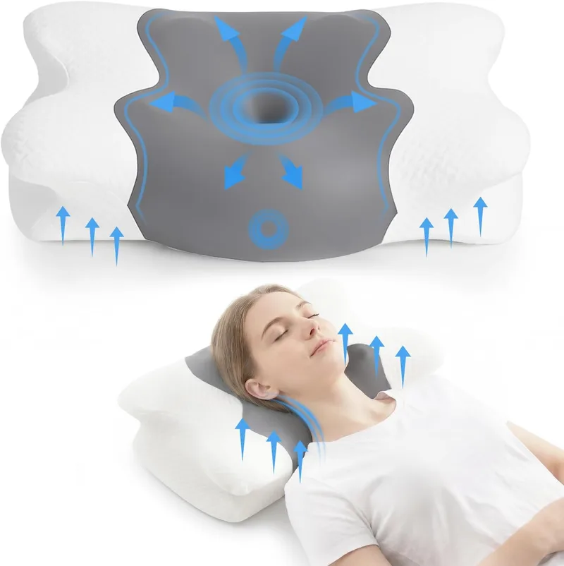 COSYLAND ▫️ Almofada Cervical e para o Pescoço - Espuma viscoelástica, design em forma de borboleta com apoio ergonómico e respirável, para dormir de lado, de barriga para cima e de barriga para baixo, 60 x 40 x 10/13 cm, cinzento