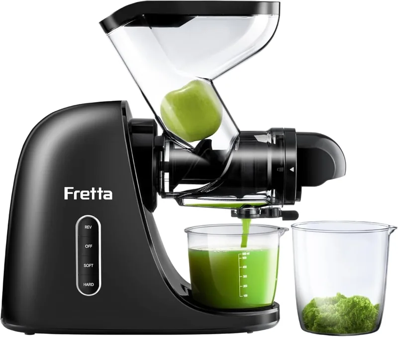 Fretta ▫️ Extrator de sumo com prensagem a frio de 76 mm, sem BPA (preto) | A boca larga permite introduzir frutas inteiras, a prensagem a frio preserva os nutrientes, desmontável e fácil de limpar, sem obstruções