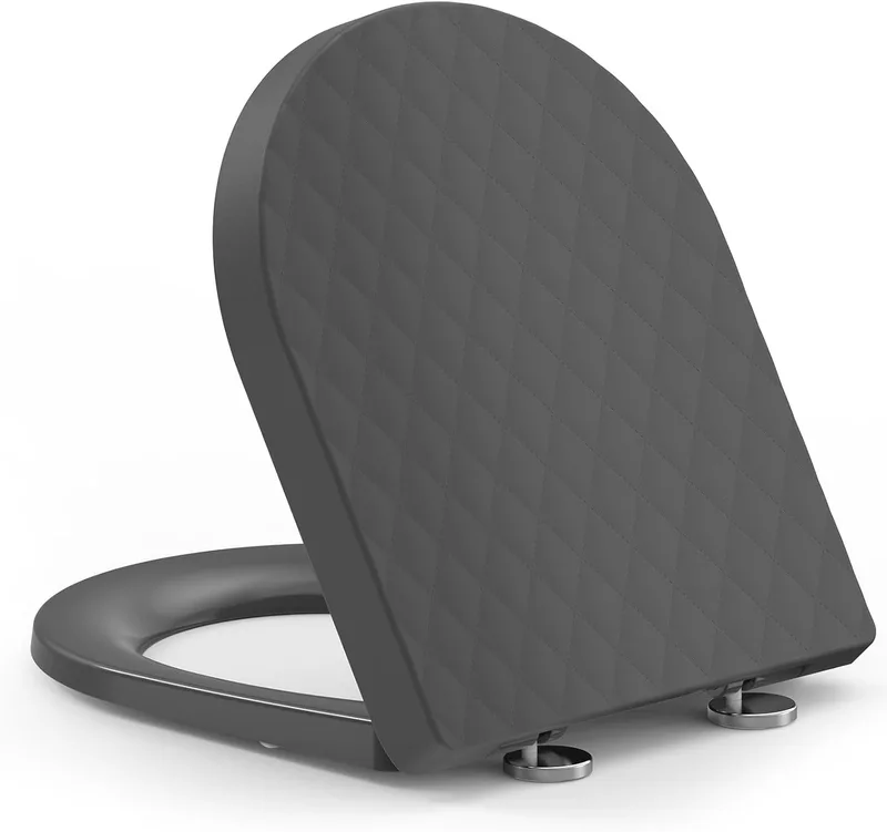 YEAUPE PRO ▫️ Tampa de sanita universal em forma de D, assento de sanita com fecho suave e libertação rápida para uma limpeza fácil, cinzento com padrão de losangos, 43,5 × 36,2 × 5,1 cm, inclui guia de instalação