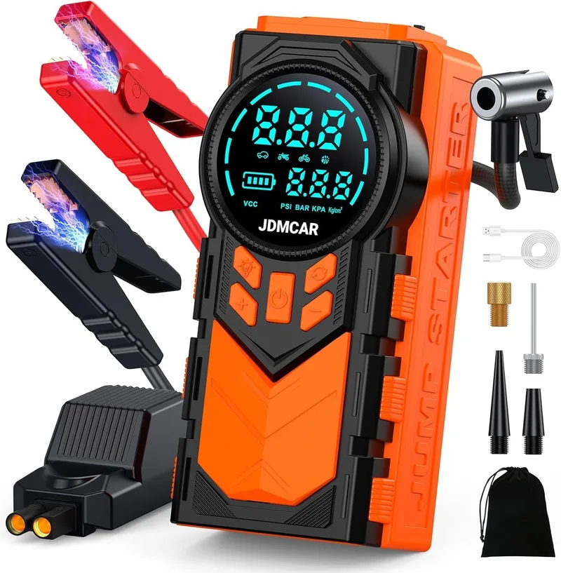 JDMCAR ▫️ Arrancador de baterias para automóveis com compressor - 4 em 1 com ecrã LCD
