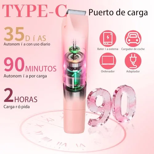 Beanify ▫️ Máquina de barbear elétrica para mulher e homem, aparador para zona do biquíni com ecrã LED, à prova de água IPX7 para utilização a seco e molhado, 2 em 1 recarregável para a zona do biquíni e rosto 6