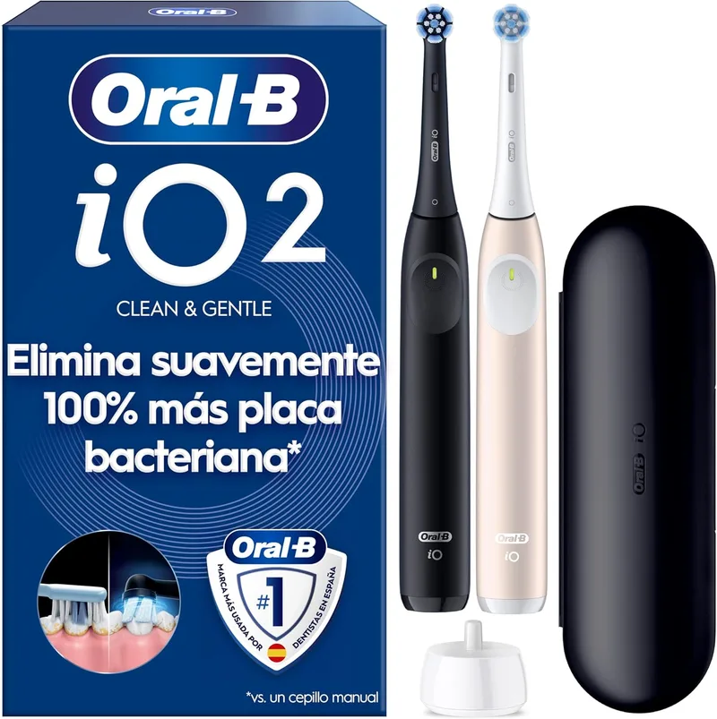 Oral-B ▫️ Escovas de dentes elétricas iO2, preto e rosa, embalagem de 2, 2 cabeças de escova - Escova de dentes com 3 modos de escovagem, sensor de pressão, bateria de longa duração e estojo de viagem