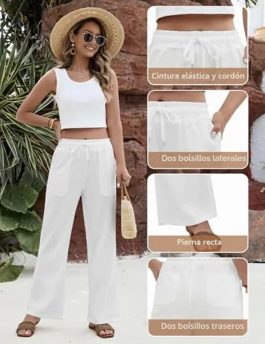 heekpek ▫️ Calças de Verão para Mulher, Largas e Fluidas, com Cintura Elástica, Confortáveis e Leves, Calças Retas com 4 Bolsos 4