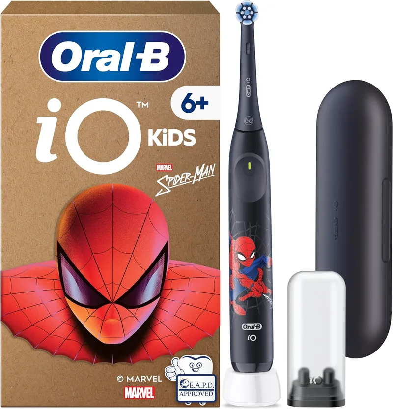 Oral-B ▫️ iO Kids Marvel Spiderman Electric Toothbrush For Children +6 years, 1 cabeça de escova e estojo de viagem, 3 modos de escovagem, suave com gengivas e dentes instáveis, Oral B Kids Toothbrush