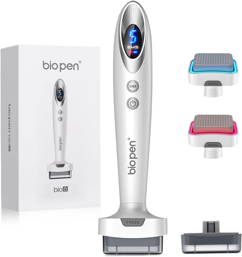 Bestauty ▫️ Derma Stamp 140 Pins, Microneedling + EMS + Vibração + Luz LED, Dispositivo com 2 Cabeças Intercambiáveis (0,5 mm) para Cuidados com o Cabelo, Linha do Cabelo, Barba e Cuidados Faciais (Branco Prateado)