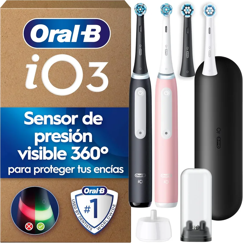Oral-B ▫️ Escovas de dentes elétricas iO 3, pretas e cor-de-rosa, embalagem de 2, 4 cabeças de escova - Escova de dentes com 3 modos de escovagem, sensor de pressão e temporizador, estojo de viagem, suporte para a cabeça de escova
