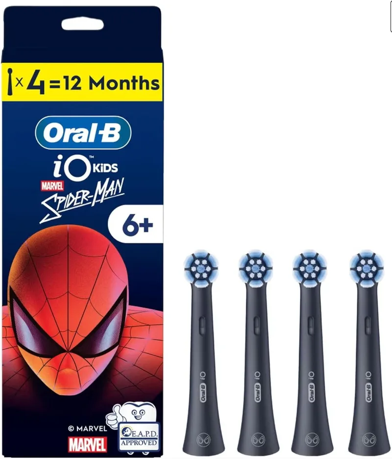 Oral-B ▫️ iO Kids 6+ Marvel Spiderman Cabeças de escova para a escova de dentes elétrica iO Kids, para crianças a partir dos 6 anos, suaves para os dentes e gengivas, 4 unidades, cor preta