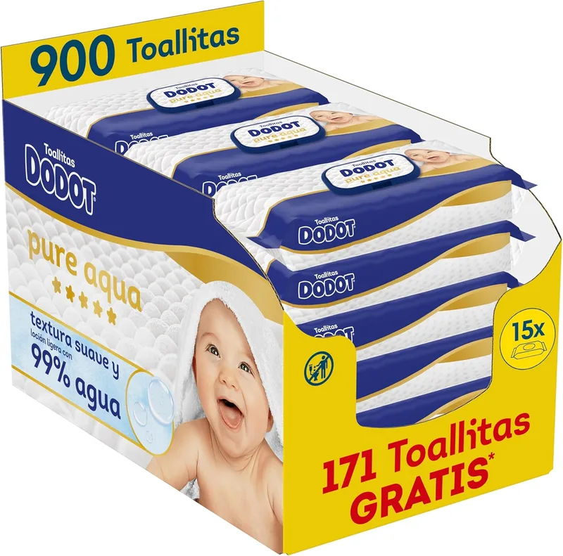 DODOT ▫️ Toalhitas Pure Aqua com textura suave para bebés, 900 toalhitas (15 embalagens de 60 unidades), com loção composta por 99% de água