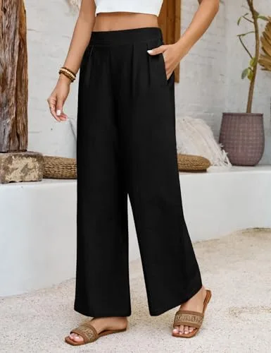 heekpek ▫️ Calças de Verão para Mulher em Algodão, Calças Largas com Cintura Elástica, Confortáveis, com Bolsos 2