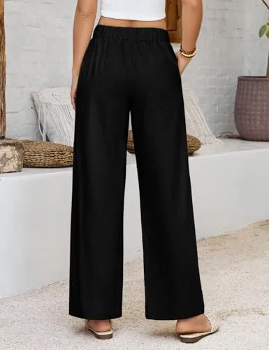 heekpek ▫️ Calças de Verão para Mulher em Algodão, Calças Largas com Cintura Elástica, Confortáveis, com Bolsos 3