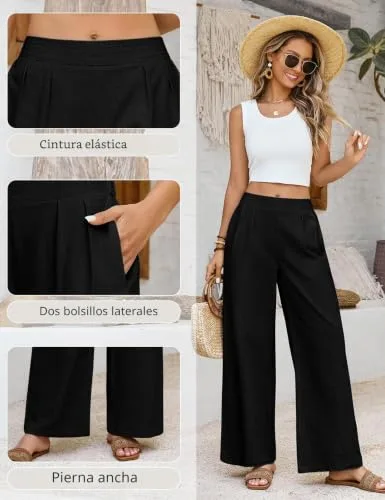 heekpek ▫️ Calças de Verão para Mulher em Algodão, Calças Largas com Cintura Elástica, Confortáveis, com Bolsos 5