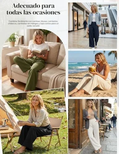 Fashora ▫️ Calças de Verão para Mulher em Algodão e Linho, Casuais, de Cintura Alta, Elásticas, Elegantes, Largas, Compridas, Soltas, Confortáveis, Calças Fluidas com Botões e Bolsos 2