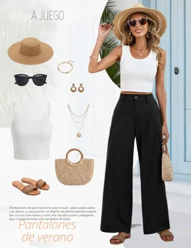 Fashora ▫️ Calças de Verão para Mulher em Algodão e Linho, Casuais, de Cintura Alta, Elásticas, Elegantes, Largas, Compridas, Soltas, Confortáveis, Calças Fluidas com Botões e Bolsos 5
