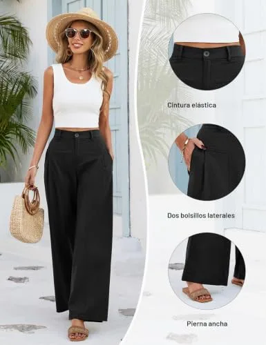 Fashora ▫️ Calças de Verão para Mulher em Algodão e Linho, Casuais, de Cintura Alta, Elásticas, Elegantes, Largas, Compridas, Soltas, Confortáveis, Calças Fluidas com Botões e Bolsos 6