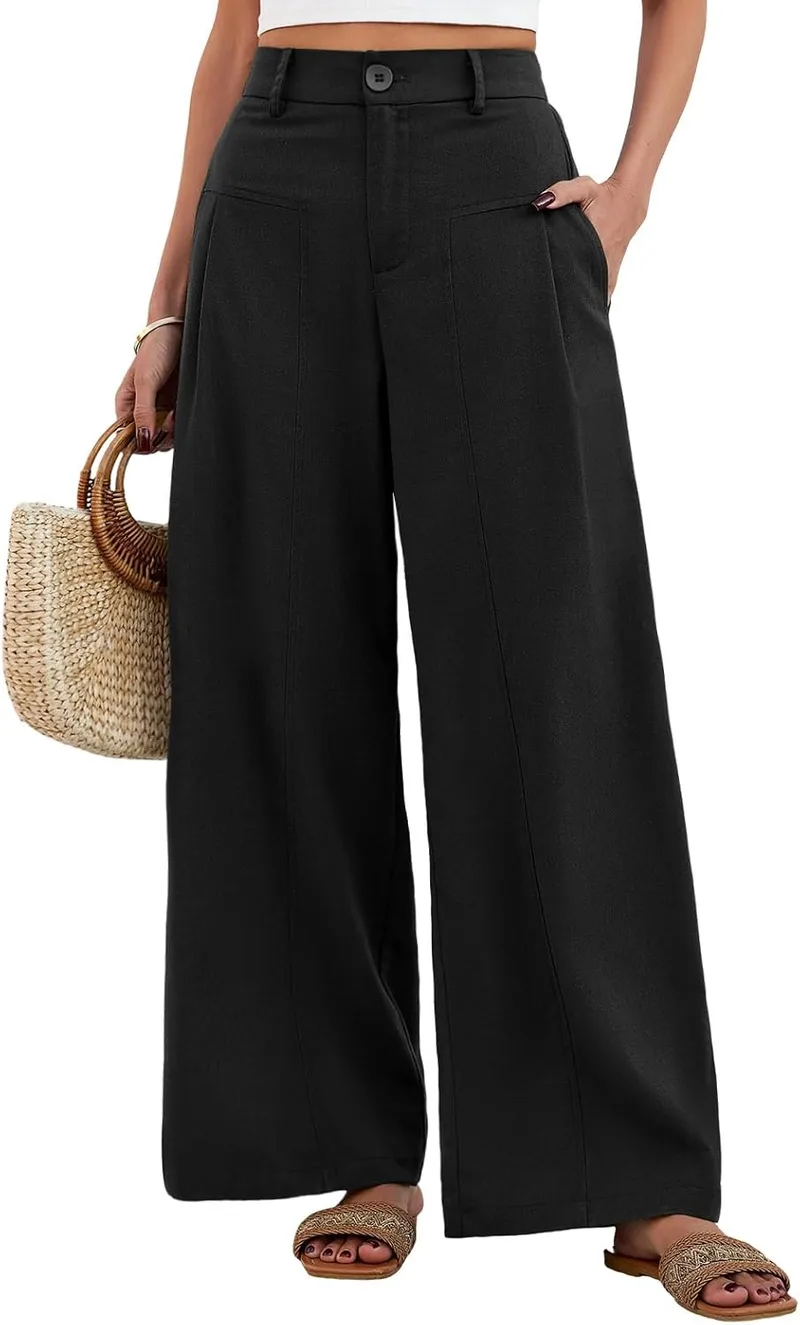 Fashora ▫️ Calças de Verão para Mulher em Algodão e Linho, Casuais, de Cintura Alta, Elásticas, Elegantes, Largas, Compridas, Soltas, Confortáveis, Calças Fluidas com Botões e Bolsos