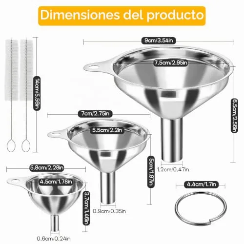 ZUPAPJO ▫️ Conjunto de 3 funis em aço inoxidável, funil em aço inoxidável com 2 escovas, para líquidos e pós 2
